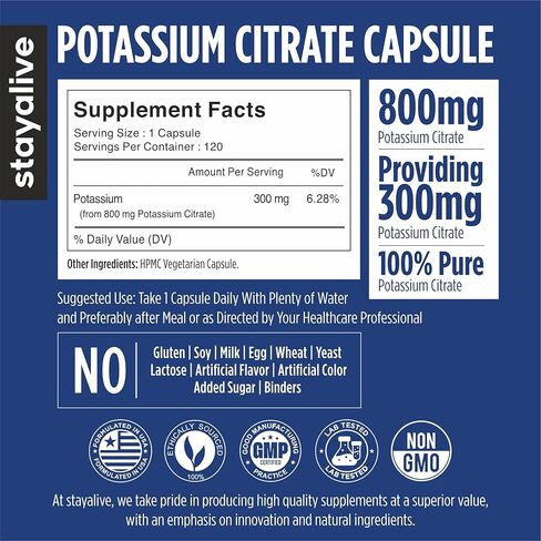 مكمل ستاي ألايف سترات البوتاسيوم، عالي الامتصاص 800 مجم، 120 كبسولة، كمية تكفي لمدة 4 أشهر، مكمل بوتاسيوم غير معدل وراثيًا وخالي من الغلوتين للنساء والرجال in Kuwait