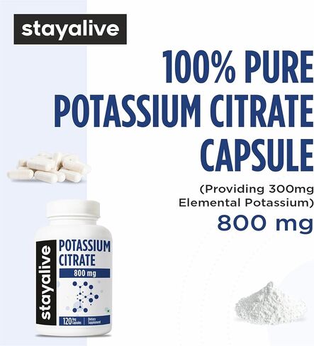 مكمل ستاي ألايف سترات البوتاسيوم، عالي الامتصاص 800 مجم، 120 كبسولة، كمية تكفي لمدة 4 أشهر، مكمل بوتاسيوم غير معدل وراثيًا وخالي من الغلوتين للنساء والرجال in Kuwait