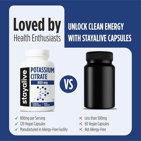 مكمل ستاي ألايف سترات البوتاسيوم، عالي الامتصاص 800 مجم، 120 كبسولة، كمية تكفي لمدة 4 أشهر، مكمل بوتاسيوم غير معدل وراثيًا وخالي من الغلوتين للنساء والرجال in Kuwait