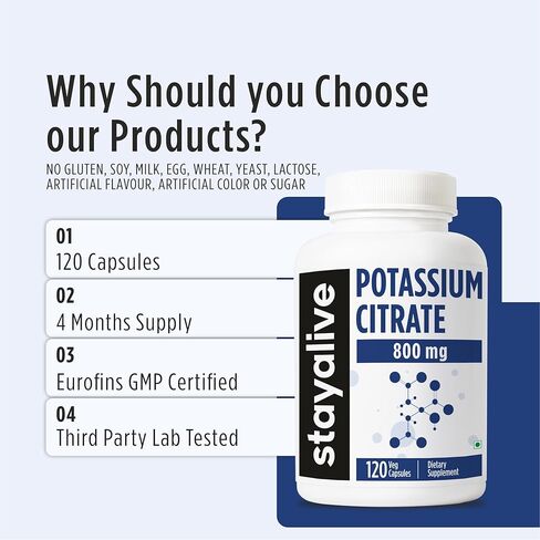 مكمل ستاي ألايف سترات البوتاسيوم، عالي الامتصاص 800 مجم، 120 كبسولة، كمية تكفي لمدة 4 أشهر، مكمل بوتاسيوم غير معدل وراثيًا وخالي من الغلوتين للنساء والرجال in Kuwait