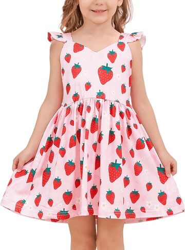 Toddler Girl Summer Dresses Kids Flutter Sleeve Casual Dress Vibrant Color Sundress 2-7 Years in Saudi Arabia