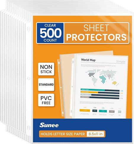 SUNEE Sheet Protectors 8.5x11 Inches for 3 Ring Binder, PVC-Free Clear Page Protectors Plastic Cover for Paper, Documents, Photos, Top Loading Binder Sleeves Letter Size 500 Packs in Kuwait