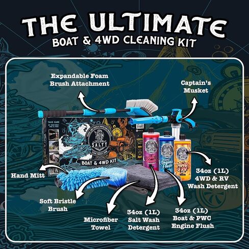Salty Captain Boat & 4WD Cleaning Kit – Ultimate All-in-One Wash Set with Salt Wash, 4WD & RV Wash, Engine Flush, Microfiber Towels, Foam & Wheel Brush – Perfect for Boats, PWCs & Off-Road Vehicles in Kuwait