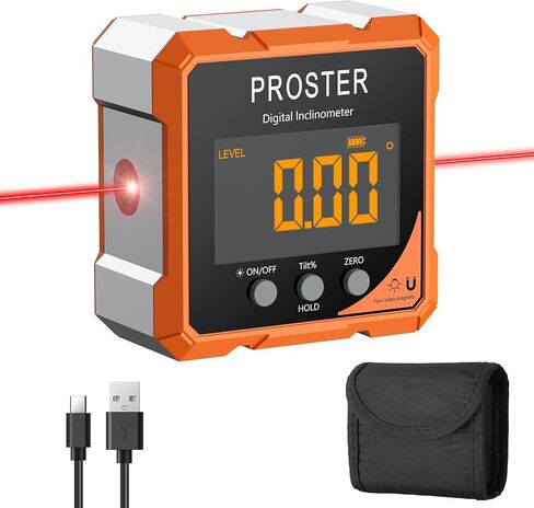 Proster Digital Angle Finder with Laser 4-Side Magnetic Angle Gauge IP54 Waterproof LCD VA Display USB-C Inclinometer Level Box for Woodworking Carpentry Building(Laser Level Class II,Output<1mW) in Saudi Arabia