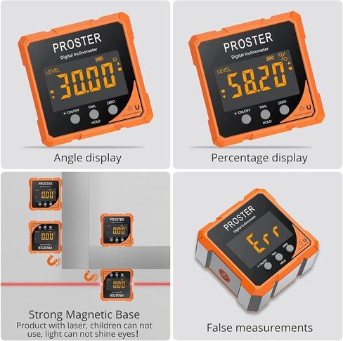 Proster Digital Angle Finder with Laser 4-Side Magnetic Angle Gauge IP54 Waterproof LCD VA Display USB-C Inclinometer Level Box for Woodworking Carpentry Building(Laser Level Class II,Output<1mW) in Saudi Arabia