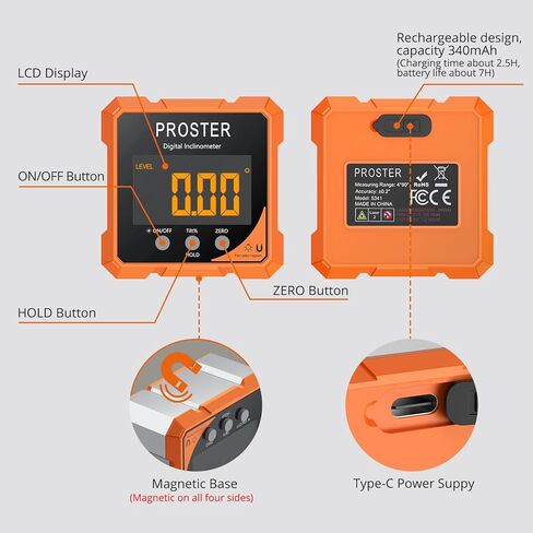 Proster Digital Angle Finder with Laser 4-Side Magnetic Angle Gauge IP54 Waterproof LCD VA Display USB-C Inclinometer Level Box for Woodworking Carpentry Building(Laser Level Class II,Output<1mW) in Saudi Arabia