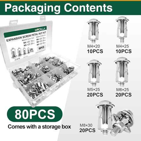 80Pcs Petal Expansion Bolt, Rustproof Carbon Steel Jack Nuts for Sheet Metal, Panels, Machinery, Automotive, M4/M5/M6/M8 in Kuwait
