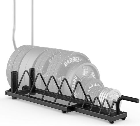 رف لوحات الوزن الأفقي من بيكينج، حامل الوزن لألواح الوزن والقضبان الأولمبية، حامل لوحة ممتص الصدمات مع مقبض وعجلات دوارة، منظم صالة الألعاب الرياضية المحمول مع قسم وزن كسور للوحات مقاس 1 بوصة و2 بوصة in Kuwait