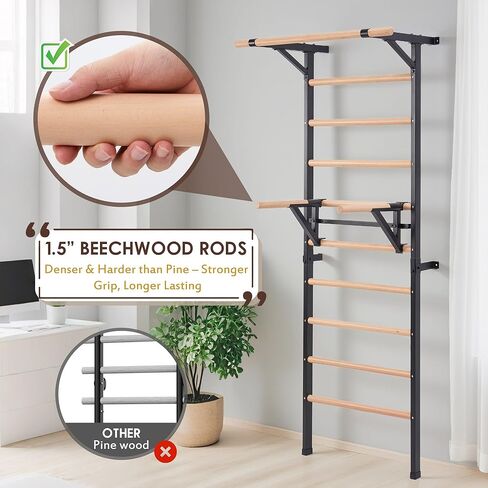 Solid Beechwood Stall Bar – Wall-Mounted Gymnastics Wall Ladder, Durable Beech Wood Rungs Resist Cracking, Perfect for Pull-Ups, Stretching & Home Gym in Kuwait