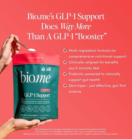 دعم Bio.me GLP-1 - مسحوق GLP-1 متعدد الفوائد لإدارة الوزن وصحة الجهاز الهضمي - مستويات الطاقة المستدامة - 7 جرام من الألياف، 14 جرام من بروتين الكولاجين والإنزيمات الهاضمة - 24 حصة (التوت) in Kuwait