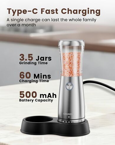 مجموعة مطحنة الملح والفلفل الكهربائية - مجموعة مطحنة الملح والفلفل الأوتوماتيكية القابلة لإعادة الشحن من الفولاذ المقاوم للصدأ مع قاعدة تخزين، سعة كبيرة، ضوء LED وخشونة قابلة للتعديل، أداة مطبخ مثالية in Kuwait