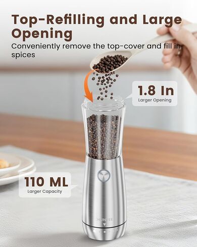 مجموعة مطحنة الملح والفلفل الكهربائية - مجموعة مطحنة الملح والفلفل الأوتوماتيكية القابلة لإعادة الشحن من الفولاذ المقاوم للصدأ مع قاعدة تخزين، سعة كبيرة، ضوء LED وخشونة قابلة للتعديل، أداة مطبخ مثالية in Kuwait