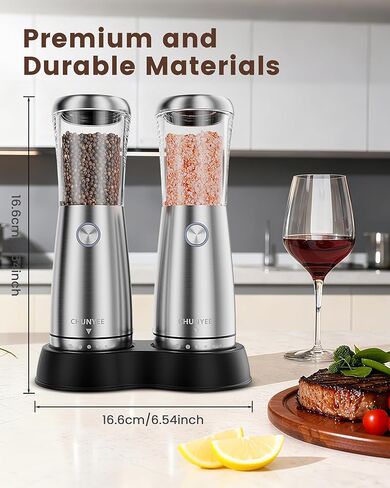 مجموعة مطحنة الملح والفلفل الكهربائية - مجموعة مطحنة الملح والفلفل الأوتوماتيكية القابلة لإعادة الشحن من الفولاذ المقاوم للصدأ مع قاعدة تخزين، سعة كبيرة، ضوء LED وخشونة قابلة للتعديل، أداة مطبخ مثالية in Kuwait