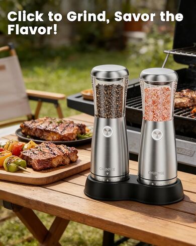 مجموعة مطحنة الملح والفلفل الكهربائية - مجموعة مطحنة الملح والفلفل الأوتوماتيكية القابلة لإعادة الشحن من الفولاذ المقاوم للصدأ مع قاعدة تخزين، سعة كبيرة، ضوء LED وخشونة قابلة للتعديل، أداة مطبخ مثالية in Kuwait