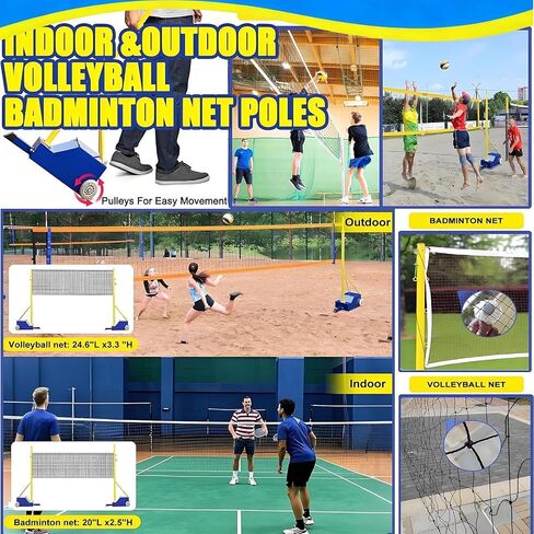 Adjustable Volleyball/Banton Poles for Indoor & Outdoor Use - 4 Heights (5ft to 6.9ft), Complete Set with Heavy-Duty Net & Wheels for Backyard, Gym, School Teams, Home Use in Saudi Arabia