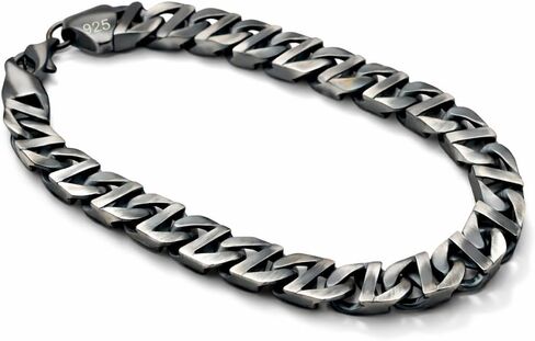 Trendy Cuban Link Bracelet for Men - Solid 925 Sterling Silver with Brushed Matte Finish - Chunky Heavy Bikers Vintage Black Curb Hand Chain Bracelets, Thick 8 mm - Mens Brutalist Jewelry - Handmade in Saudi Arabia