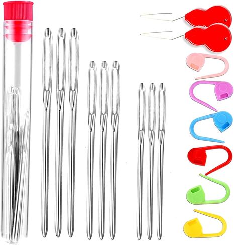 17 Pcs Sewing Knitting Kits, 9 Pcs Large-Eye Blunt Yarn Needles, 2 Threader, 6 Pcs Colorful Knitting Crochet Locking Counter Stitch Needle, Suitable for Crochet Project in Kuwait