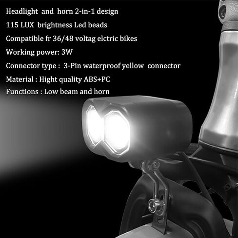 EBike Headlight with Horn 3 Pin Male Waterproof Connector Bicycle Front Light for 36V 48V Ebikes and E-Scooter Mountain Bike Replacement Horn Light in Saudi Arabia