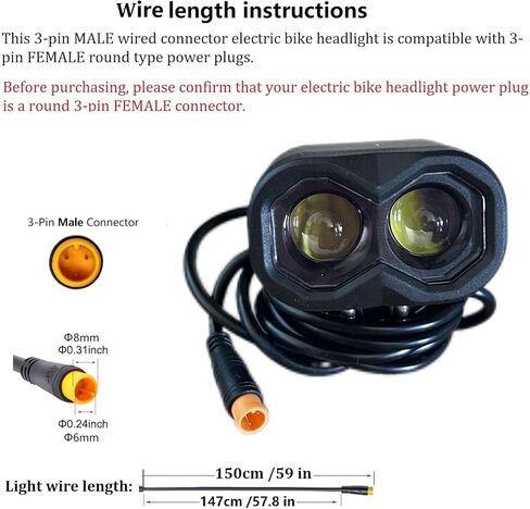 EBike Headlight with Horn 3 Pin Male Waterproof Connector Bicycle Front Light for 36V 48V Ebikes and E-Scooter Mountain Bike Replacement Horn Light in Saudi Arabia