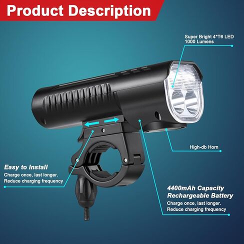 Bicycle Headlight, 1000 Lumens 4400 mAh Bike Light & High-Decibel Horn, 5 Lights Modes, Waterproof Rechargeable Bicycle Headlight for Mountain Road Commuter Cycling Night Riding in Kuwait