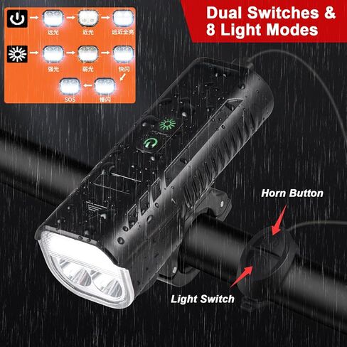 Bicycle Headlight, 1000 Lumens 4400 mAh Bike Light & High-Decibel Horn, 5 Lights Modes, Waterproof Rechargeable Bicycle Headlight for Mountain Road Commuter Cycling Night Riding in Kuwait