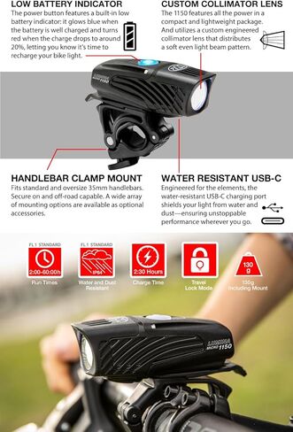 NiteRider Lumina Micro 1150 Lumen USB-C مصباح الدراجة الأمامي القابل لإعادة الشحن - 5 أوضاع مصباح أمامي LED مدمج، IP64 مقاوم للماء لركوب الدراجات على الطرق، والركاب، وركوب الدراجات الليلية، وإضاءة الدراجة سهلة التركيب in Saudi Arabia
