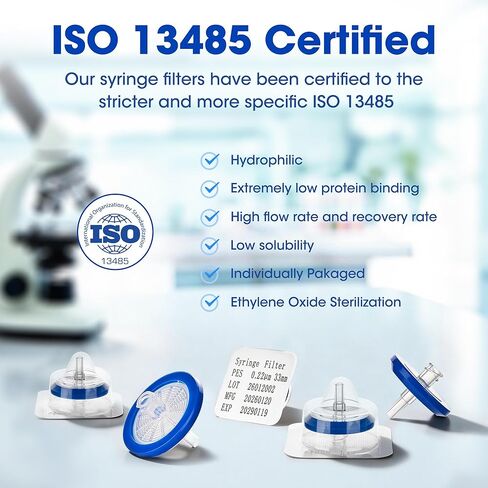 Sterile Syringe Filters PES 0.22µm, Double-Layer 33mm Hydrophilic Membrane, Individually Packed Syringes Filters, Pack of 10 for Lab Filtration Use in Saudi Arabia