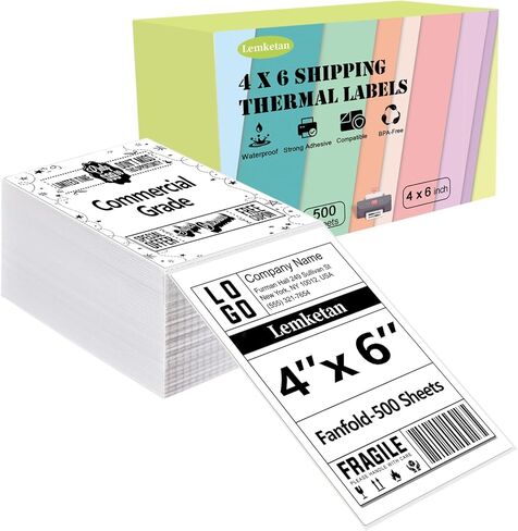 ملصقات شحن حرارية 4x6، ملصقات حرارية مباشرة Fanfold للشحن، لاصق دائم، ملصقات من الدرجة التجارية للحمار الوحشي، Polono، Jadens، Beeprt، iDPRT، Munbyn، Nelko (500 ورقة في كل عبوة) in Kuwait