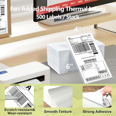 ملصقات شحن حرارية 4x6، ملصقات حرارية مباشرة Fanfold للشحن، لاصق دائم، ملصقات من الدرجة التجارية للحمار الوحشي، Polono، Jadens، Beeprt، iDPRT، Munbyn، Nelko (500 ورقة في كل عبوة) in Kuwait
