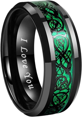 TUTISS 8mm Red Green Purple Carbon Fiber Celtic Dragon Inlay Black Tungsten Rings for Men Women Wedding Bands I Love You Engraved Comfort Fit in Kuwait