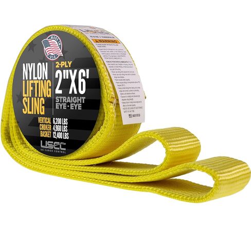 US Cargo Control Nylon Lifting Sling 2" x 6', 2-Ply Eye to Eye Slings (Made in USA) - 4,960 LBS Choker, 6,200 LBS Vertical, 12,400 LBS Basket Capacity - Lift Straps for Lifting & Rigging in Saudi Arabia