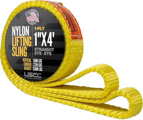 US Cargo Control Nylon Lifting Sling 1" x 4', 1-Ply Eye to Eye Slings (Made in USA) - 1,250 LBS Choker, 1,600 LBS Vertical, 3,200 LBS Basket Capacity - Lift Straps for Lifting & Rigging in Saudi Arabia