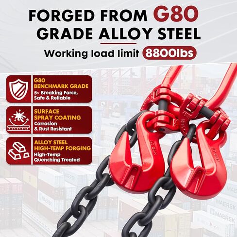 سلسلة تحميل حاويات الشحن G80 (1/2 بوصة × 5 بوصات)، خطافات الحاويات مع سلسلة على شكل حرف V مجلفنة بالغمس الساخن، مناسبة للشحن، وخطافات قفل أمان لحاويات الشحن مقاس 20 قدمًا / 40 قدمًا، والمقطورات، والبضائع الثقيلة in Kuwait