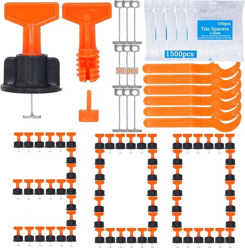 Tile Leveling System Kit,300pcs Reusable 1/16" Tile Leveler Spacers+1500pcs Cross-shaped Tile Spacers+6pcs Wrench+1pack 1/16" Replaceable Spare Steel T-Pin,Tools for Wall Floor Tile Adjustment in Kuwait