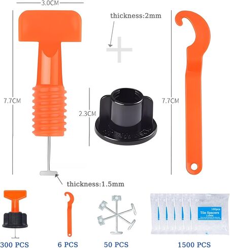 Tile Leveling System Kit,300pcs Reusable 1/16" Tile Leveler Spacers+1500pcs Cross-shaped Tile Spacers+6pcs Wrench+1pack 1/16" Replaceable Spare Steel T-Pin,Tools for Wall Floor Tile Adjustment in Kuwait