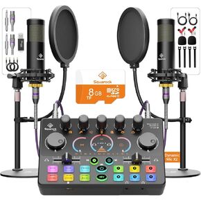 حزمة معدات البودكاست لشخصين، خلاط RGB مع ميكروفون مكثف XLR ممتاز 48 فولت، بطاقة Micro-SD، صوت محيطي، للبث المباشر/TikTok/YouTube، متوافق مع iOS، Android، الكمبيوتر الشخصي، الكاميرا RS2i2 in Kuwait