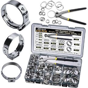 مشبك خرطوم أذن واحد 6-50 مم 210 قطعة 14 مقاسًا، مشبك خرطوم بدون خطوات من الفولاذ المقاوم للصدأ 304، مناسب لتوصيل أنابيب Pex والسيارات وخطوط الأنابيب والحديقة والاستخدام الصناعي in Kuwait