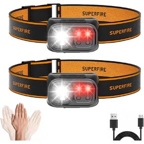 SuperFire Rechargeable Headlamp 2PCS ，Lightweight Head Lamp with Motion Sensor,LED Headlamp Rechargeable,Head Flashlight for Running Fishing Hiking Camping, Outdoor in Kuwait