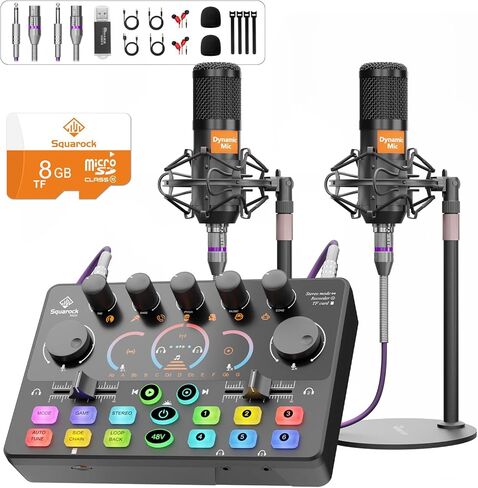 حزمة معدات البودكاست، بطاقة ذاكرة + 8 جيجابايت، خلاط واجهة صوتية مع ميكروفون مكثف 48 فولت، مسجل مدمج، ستيريو، تغيير الصوت لتسجيل البودكاست، البث، الكاميرا/الكمبيوتر/الهاتف/Tiktok (RS2i2) in Kuwait