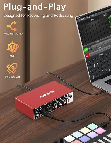 HOSONGIN USB Audio Interface for Beginners - 24Bit/192kHz, 48V Phantom Power, Plug & Play Recording for Podcast/Vocals/Guitar/Youtube, PC/Mac/iOS Compatible (New Red Metal) in Saudi Arabia