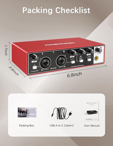 HOSONGIN USB Audio Interface for Beginners - 24Bit/192kHz, 48V Phantom Power, Plug & Play Recording for Podcast/Vocals/Guitar/Youtube, PC/Mac/iOS Compatible (New Red Metal) in Saudi Arabia