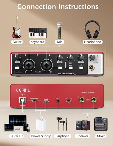 HOSONGIN USB Audio Interface for Beginners - 24Bit/192kHz, 48V Phantom Power, Plug & Play Recording for Podcast/Vocals/Guitar/Youtube, PC/Mac/iOS Compatible (New Red Metal) in Saudi Arabia