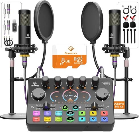 حزمة معدات البودكاست لشخصين، خلاط RGB مع ميكروفون مكثف XLR ممتاز 48 فولت، بطاقة Micro-SD، صوت محيطي، للبث المباشر/TikTok/YouTube، متوافق مع iOS، Android، الكمبيوتر الشخصي، الكاميرا RS2i2 in Kuwait