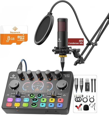 حزمة معدات البودكاست لشخصين، خلاط RGB مع ميكروفون مكثف XLR ممتاز 48 فولت، بطاقة Micro-SD، صوت محيطي، للبث المباشر/TikTok/YouTube، متوافق مع iOS، Android، الكمبيوتر الشخصي، الكاميرا RS2i2 in Saudi Arabia