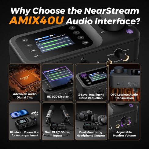 واجهة الصوت وخلاط الصوت NearStream AMIX40U للكمبيوتر والهواتف الذكية، 10 قنوات، مدخلات XLR/6.35 مم مزدوجة، طاقة فانتوم 48 فولت، مراقبة مزدوجة، شاشة LCD 2 بوصة، بلوتوث/AUX/USB، للبث الصوتي والبث والموسيقى in Saudi Arabia