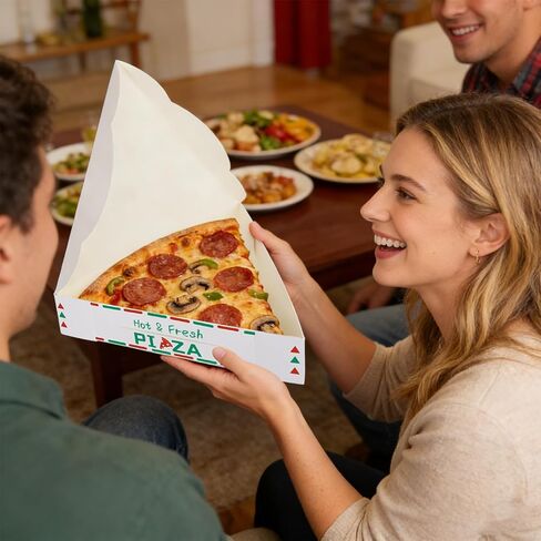 200 علبة من علب شرائح البيتزا، حاوية تخزين شريحة بيتزا واحدة يمكن التخلص منها مع طباعة ملونة، 9.3 × 9.1 × 1.8 بوصة، حامل صينية لصناديق الطعام المثلثة من الورق المقوى لحفلات أعياد الميلاد وحفلات الزفاف in Kuwait
