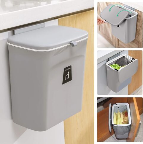 Tiyafuro 2.4 Gallon Kitchen Compost Bin for Counter Top or Under Sink, Hanging Small Trash Can with Lid for Cupboard/Bathroom/Bedroom/Office/Camping, Mountable Indoor Compost Bucket, Black in Saudi Arabia