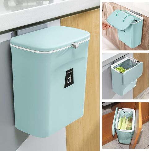 Tiyafuro 2.4 Gallon Kitchen Compost Bin for Counter Top or Under Sink, Hanging Small Trash Can with Lid for Cupboard/Bathroom/Bedroom/Office/Camping, Mountable Indoor Compost Bucket, Black in Saudi Arabia