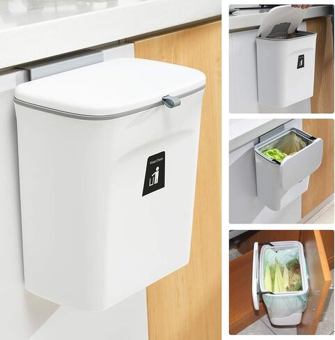Tiyafuro 2.4 Gallon Kitchen Compost Bin for Counter Top or Under Sink, Hanging Small Trash Can with Lid for Cupboard/Bathroom/Bedroom/Office/Camping, Mountable Indoor Compost Bucket, Black in Saudi Arabia