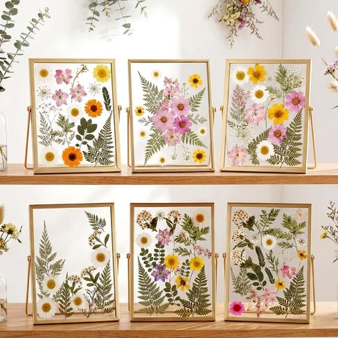 Floating Picture Frames 5''x7'' Flower Frame Pressed Kit Include 4 Pcs Gold Metal Picture Frames and 68 Pcs Dried Pressed Flowers for Crafts DIY Wedding Tabletop Display, Home Decor, Gifts in Saudi Arabia